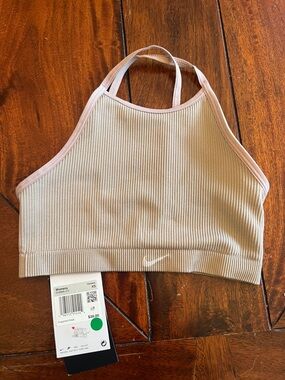 Nike Indy Bra-Ribbed Halter Crop Sports Bra in Beige